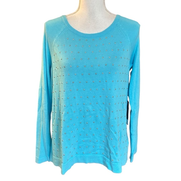 Jennifer Lopez Mediterranean Winter Studded Sweater SZ Large in Blue Knit NEW - Picture 1 of 6